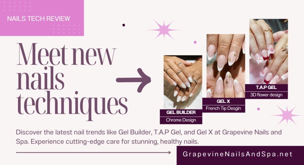 A beautifully manicured hand showcasing the latest nail design at Grapevine Nails and Spa in Grapevine and Southlake, Texas. The design highlights the salon's expertise in crafting beauty and the art of self-care.