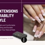 Gel X nail extensions applied on a client’s hand at Grapevine Nails and Spa, showcasing lightweight, professional nails with a unique design.