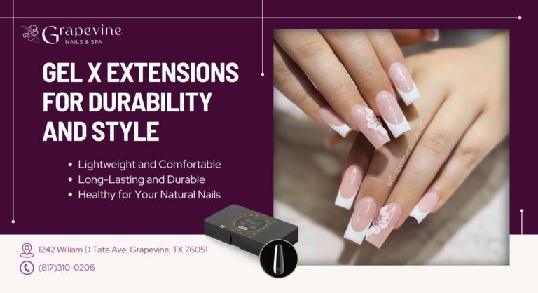 Gel X nail extensions applied on a client’s hand at Grapevine Nails and Spa, showcasing lightweight, professional nails with a unique design.